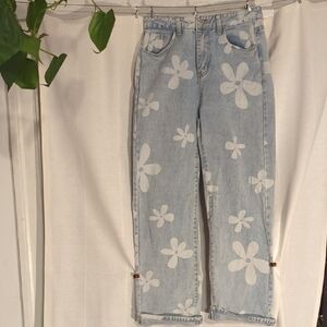 SHEIN Light Blue Floral Straight Leg Jeans